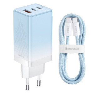 Ładowarka sieciowa GaN Baseus 2xUSB-C/USB 65W QC PD niebieski + kabel USB-C