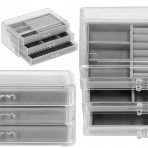 Szkatułka na biżuterię 23x14x11 cm szary welurowy organizer z przegródkami