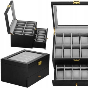 Szkatułka na zegarki 29x21,5x16 cm czarno-szary organizer z 20 przegródkami