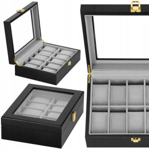 Szkatułka na zegarki 26,5x20x8 cm czarno-szary organizer z 10 przegródkami