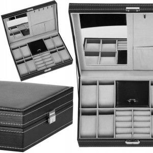 Szkatułka na zegarki 33x20x9cm czarny, ekoskóra organizer z przegródkami i