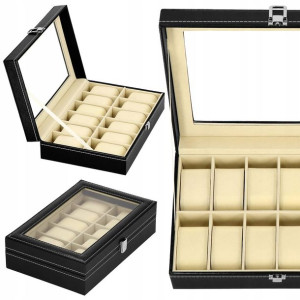 Szkatułka na zegarki 30x20x8 cm czarno-kremowa, ekoskóra organizer z 12 prz