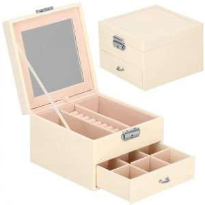 Szkatułka na biżuterię ekoskóra 16x16x11 cm kremowy organizer z przegródkam