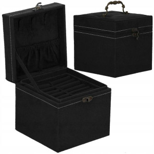 Szkatułka na biżuterię 12x12x12 cm czarny welurowy organizer z przegródkami