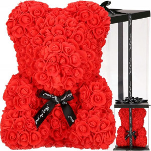 Miś z płatków róż czerwony 40 cm rose bear z kokardką
