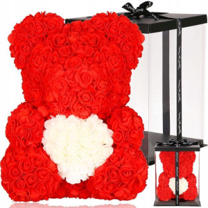 Miś z płatków róż czerwony 40 cm rose bear z białym sercem