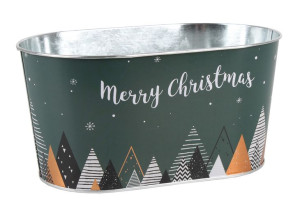 Zielony Owalny Metalowy Koszyk W Choinki "merry Christmas" 22,5x13,5x11 Cm