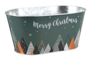 Zielony Owalny Metalowy Koszyk W Choinki "merry Christmas" 28,5x17x13 Cm