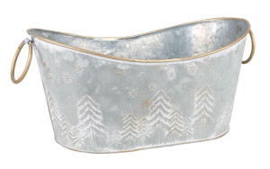 Srebrny Metalowy Kosz Prezentowy Z Uchwytami W Choinki 32x20x12/16 Cm