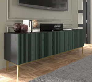 Elegancka szafka RTV lamele ciemna zieleń złoty