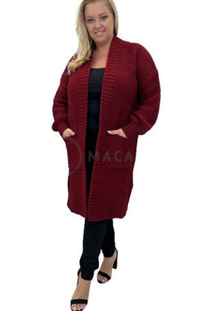 Długi Sweter Kardigan Z Kieszeniami Plus Size Tropez I Bordowy Uni