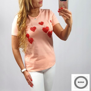 BL34 T-shirt Damski Serca Koraliki S Brzoskwinia