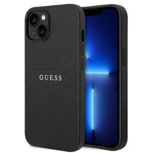 Guess Saffiano Metal Logo Stripes - Etui iPhone 14 (czarny)