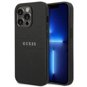 Guess Saffiano Metal Logo Stripes - Etui iPhone 14 Pro Max (czarny)