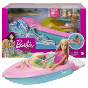 Lalka Barbie + Motorówka + Piesek Łódka