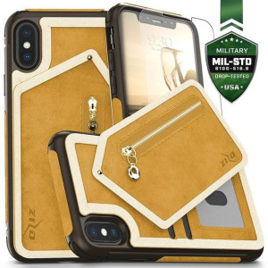 Skórzane etui iPhone X z kieszeniami na karty+saszetka na zamek + szkło 9H