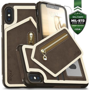 Skórzane etui iPhone X z kieszeniami na karty+saszetka na zamek + szkło 9H