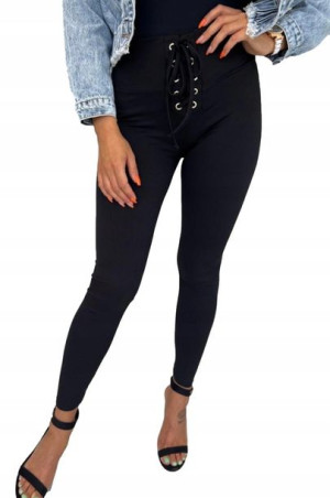 Legginsy Damskie Prążkowane Wiązane Czarne S