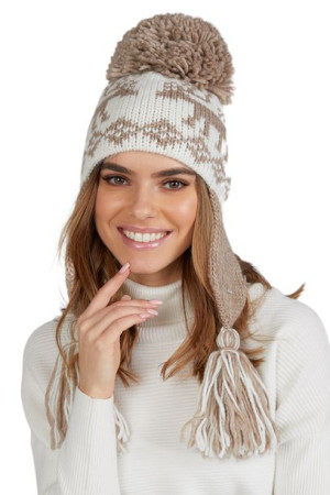 CZAPKA DAMSKA - uszanka - z pomponem i frędzlami kolor ciemny beż - OLENA