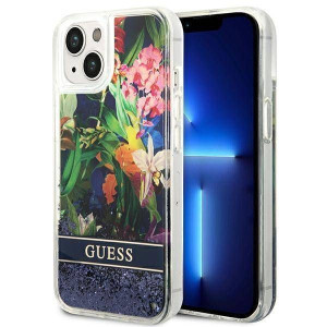 Etui Iphone 14 Guess Hardcase Flower Liquid Glitter Niebieskie