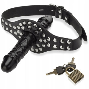 Knebel Z Dildo Na Kłódkę Dwustronny Sex Penis Bdsm
