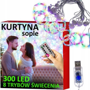 Kurtyna świetlna SOPLE 300 LED lampki drucik pilot
