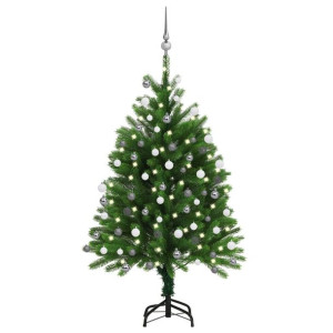 Sztuczna choinka z lampkami LED i bombkami, 120 cm, zielona