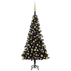 Sztuczna choinka z LED i bombkami, czarna, 120 cm, PVC