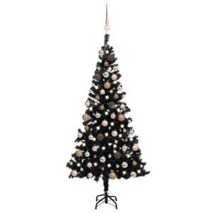 Sztuczna choinka z LED i bombkami, czarna, 150 cm, PVC