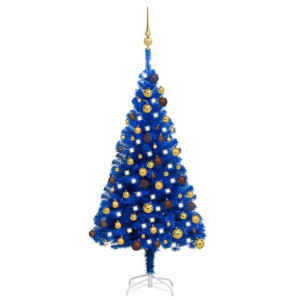 Sztuczna choinka z LED i bombkami, niebieska, 120 cm, PVC