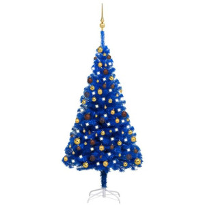 Sztuczna choinka z LED i bombkami, niebieska, 150 cm, PVC