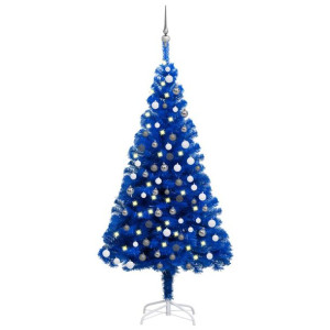 Sztuczna choinka z LED i bombkami, niebieska, 150 cm, PVC
