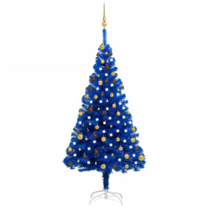 Sztuczna choinka z LED i bombkami, niebieska, 180 cm, PVC