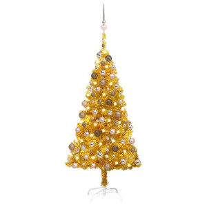 Sztuczna choinka z LED i bombkami, złota, 120 cm, PET