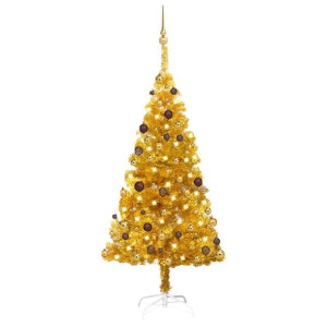 Sztuczna choinka z LED i bombkami, złota, 150 cm, PET