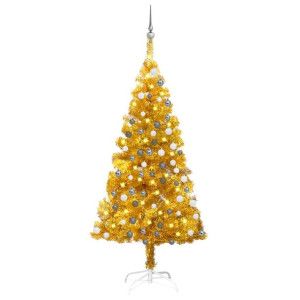 Sztuczna choinka z LED i bombkami, złota, 150 cm, PET