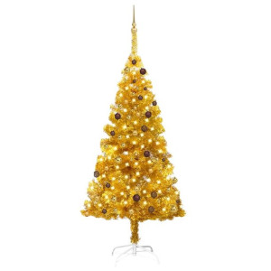 Sztuczna choinka z LED i bombkami, złota, 210 cm, PET