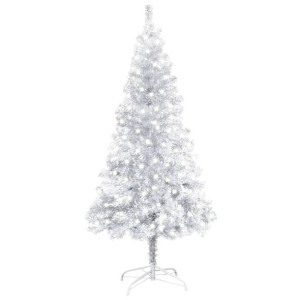 Sztuczna choinka ze stojakiem i LED, srebrna, 120 cm, PET