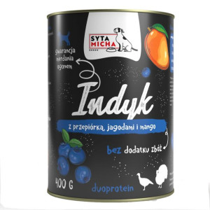 SYTA MICHA Karma mokra dla psa Indyk z przepiórką, jagodami i mango 400g