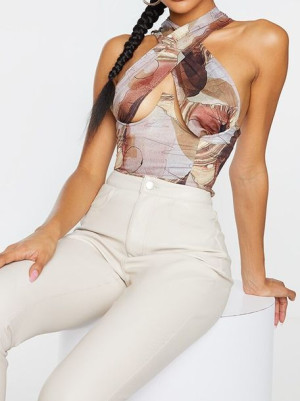 PRETTYLITTLETHING brązowy wzorzysty gorset top 36