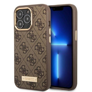 Oryginalne Etui IPHONE 13 PRO Guess Hard Case 4G Logo Plate MagSafe brązowe