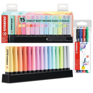 Zakreślacz Stabilo Boss pastel 15szt podstawka na biurko 7015-02-5 + GRATIS