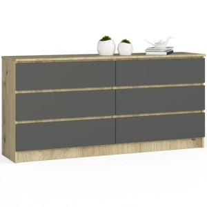 Komoda do salonu K 160 cm 6 szuflad - dąb artisan-grafit szary