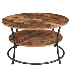 Stolik Kawowy Okrągły Do Salonu Półki 80x80x46 Cm Ciemny Brąz Czarny Mat