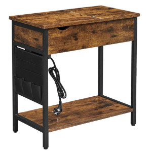 Stolik Drewniany Z Gniazdkami I Usb 60x32x60 Cm Ciemny Brąz Czarny Mat