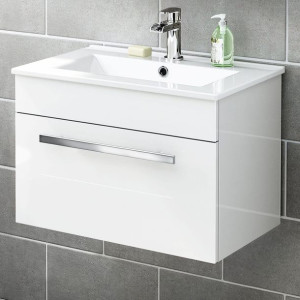 Zestaw Szafka Łazienkowa 60 Cm Wisząca Z Umywalką Biały Połysk AVON