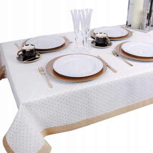 Obrus BIAŁY KROPKI LUX 220x140 świąteczny złoty