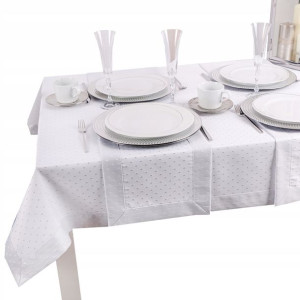 Obrus BIAŁY KROPKI LUX 400x140 świąteczny srebrny
