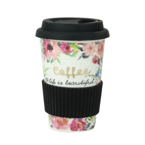 Kubek porcelanowy z silikonową pokrywką i paskiem 400 ml