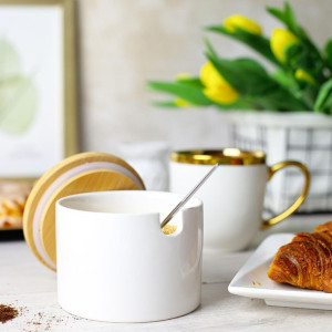 Cukiernica ceramiczna z pokrywą i łyżeczką PRIMA DECO biała 10x8 cm